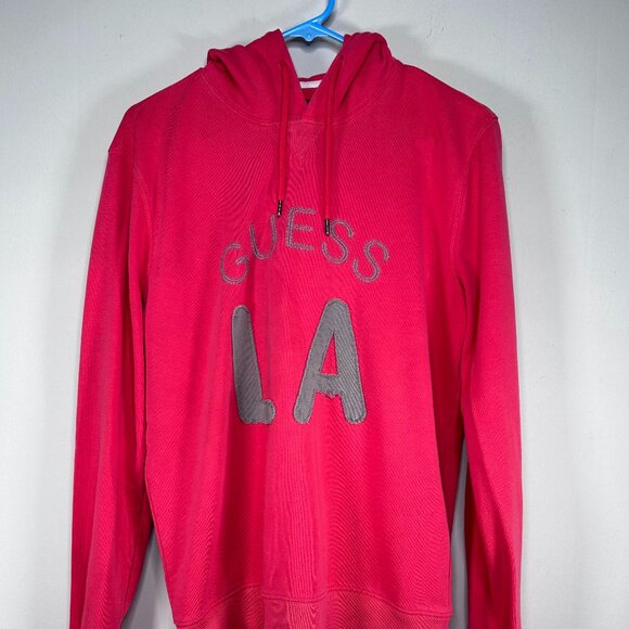 Guess LA Hooded Sweatshirt Men's Medium Pink-ish Red Logo Preppy Casual - Picture 1 of 11